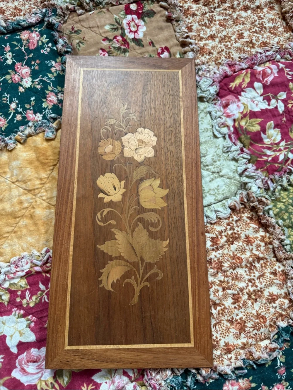 Vintage Floral Inlay Wooden Wall Plaque - Brown and Gold